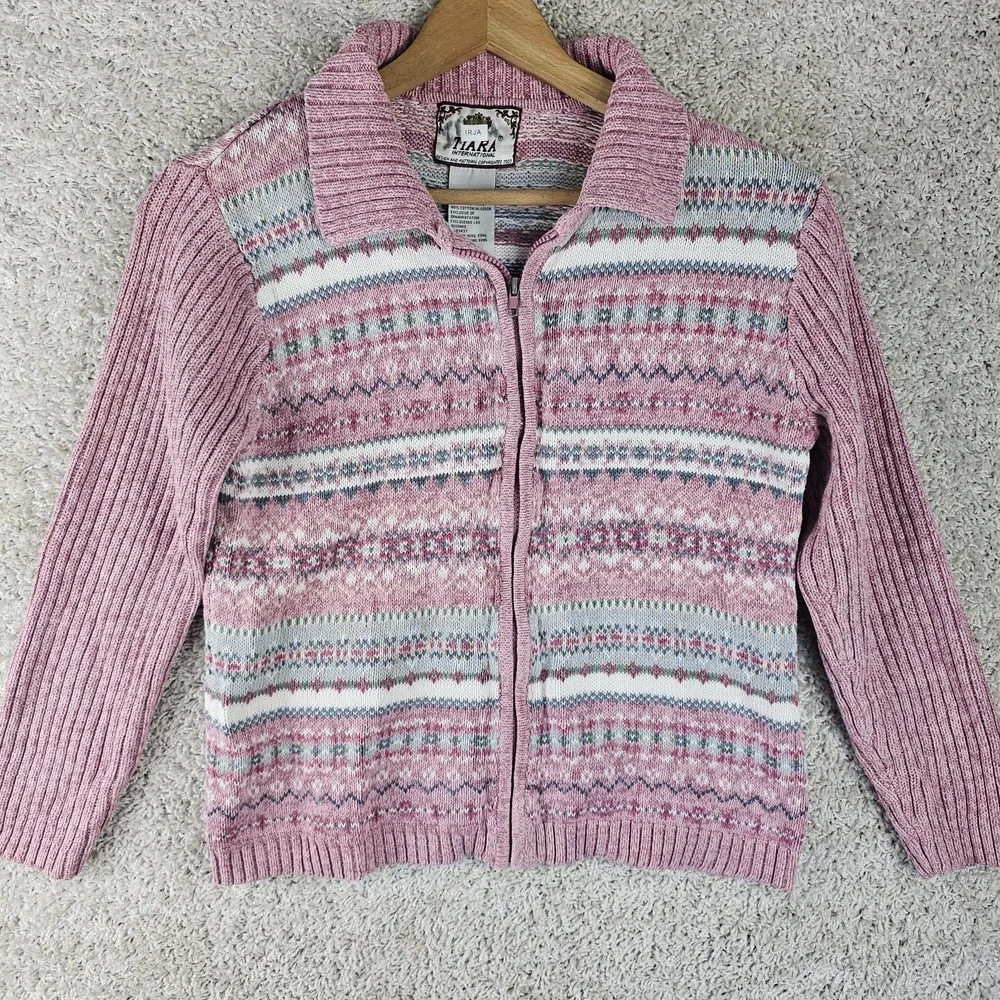 VTG Tiara International Fair Isle Nordic Sweater Cardigan Pink Size Small Zip